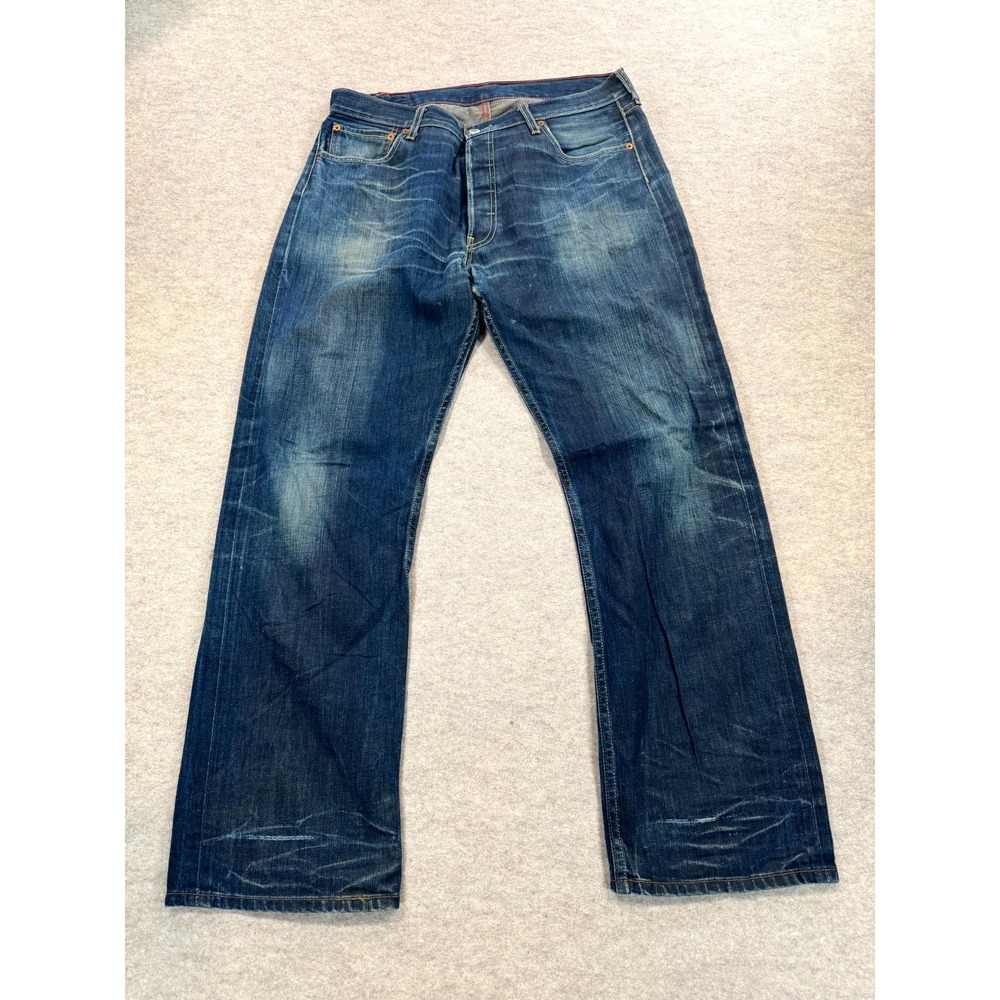 Levis 501 Jeans Mens 36x32 Blue Whiskered Denim Straight Leg Dark Wash Logo
